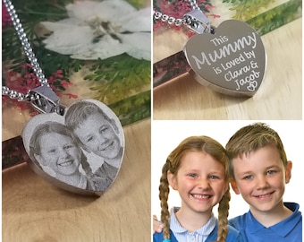 Personalised Necklace Photo Engraved Heart Pendant - Mummy, Girlfriend, Wife, Grandmother, Birthday, Wedding, Anniversary, Memorial Gift