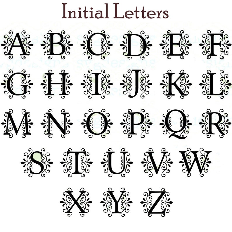 May include: Black and white image of the alphabet in decorative, ornate, and stylized font. Each letter is surrounded by a decorative flourish.