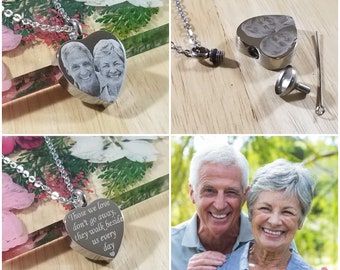Personalised Photo Urn Necklace, Memorial Handwriting Pendant to hold Cremation Ashes, In Loving Memorial Heart with Chain, Add any Text
