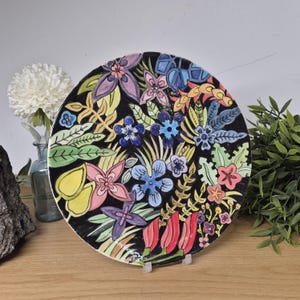 Decorative Flower Plate, Hand Painted Floral Plate for Display or everyday use. Salad, side or Dessert Dish. Hang on Wall or place on Shelf