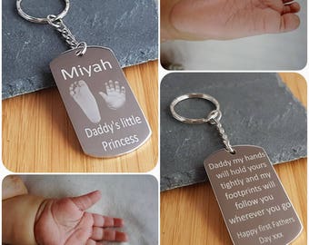Fathers Day Gift Personalised Keyring / Dog Tag Handprint / Photo Engraved - Daddy's, Step Dads, Grandads, Uncles - Any layout and test