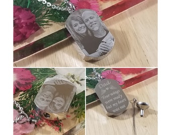 Personalised Ash Urn Dogtag Necklace for Men, Add your loved one Cremation Ashes, Customised with photo or handwriting and text Urn Keepsake