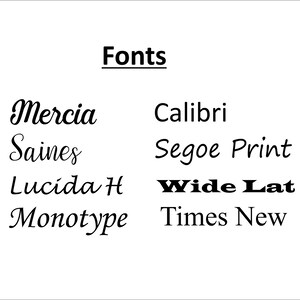 May include: A list of different fonts, including Mercia, Saines, Lucida H, Monotype, Calibri, Segoe Print, Wide Lat, and Times New.