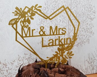 Heart Wedding Cake Topper, Acrylic, Personalised, Mr and Mrs, Mr & Mr, Mrs n Mrs, Anniversary, Cake Decoration, Geometric Heart and Flowers