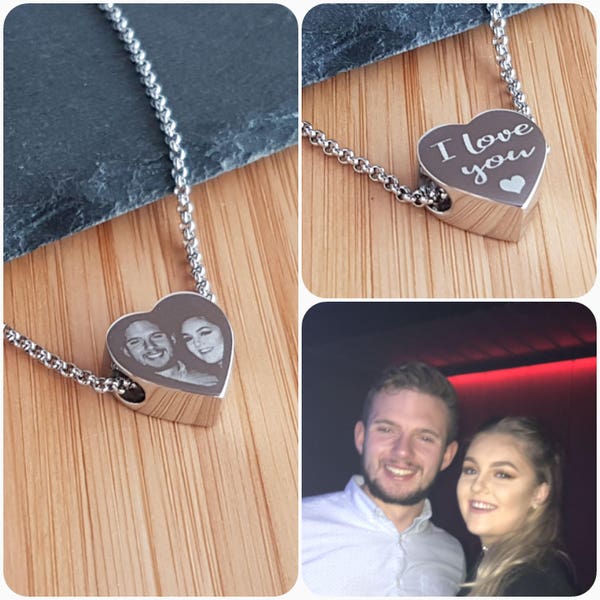Personalised Necklace Photo Heart Charm Engraved , Valentines, Mothers Day, Christmas, Baby, Birthday, Gifts for Her.