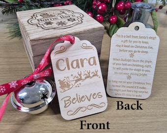 Large Santa Sleigh Believe Bell with Personalised wooden tag with Poem, Father Christmas Silver Magic Bell, Xmas Eve Christmas Box for kids