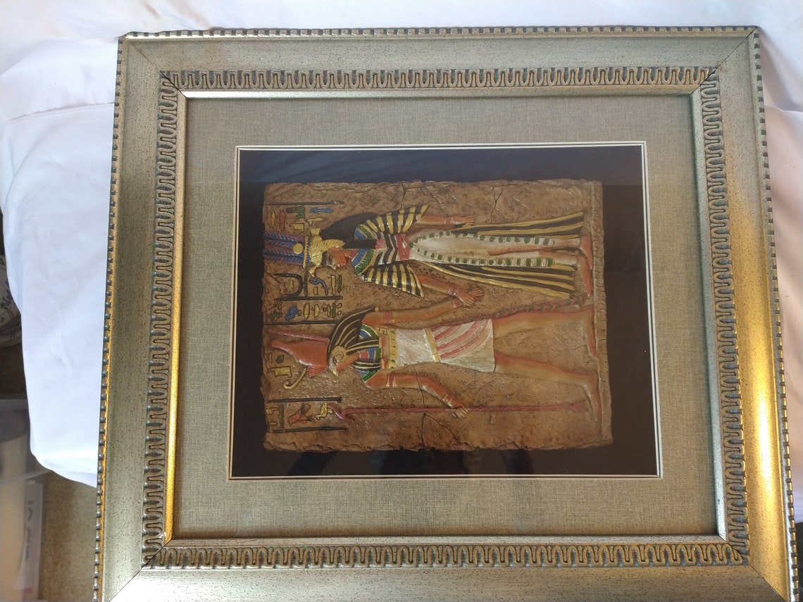 Large Vintage Egyptian Art Framed Inside Shadow Box 19X17 Etsy