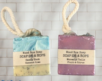 Soap on a Rope. Mermaid Tails soap on a rope.  Sandy Hook soap on a rope. Goat Milk Soap on a Rope.