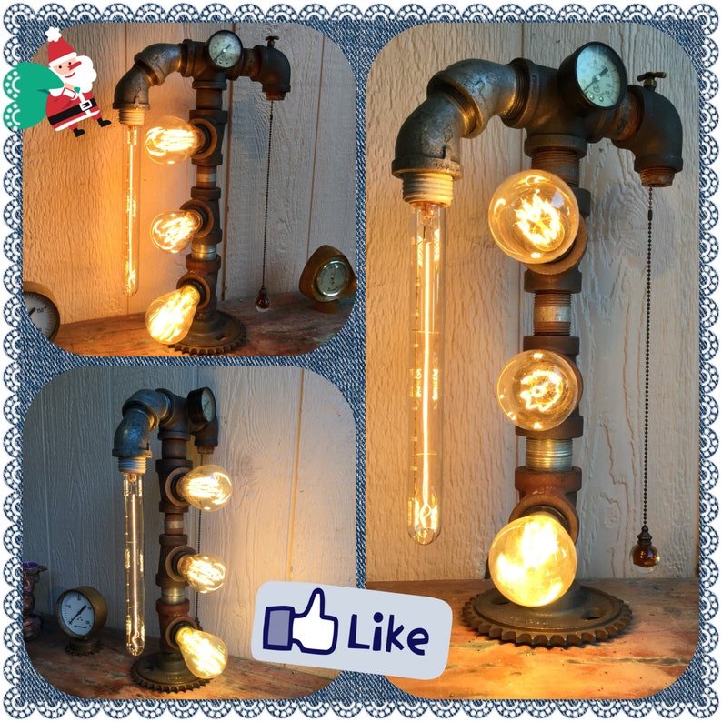 Industrial steampunk lamp,loft lighting,christmas gift,farmhouse decor,edison bulb lamp,pipe decor,machine age,metal assemblage art,unique.