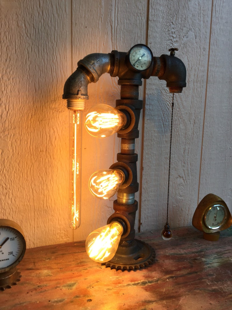 Industrial steampunk lamp,loft lighting,christmas gift,farmhouse decor,edison bulb lamp,pipe decor,machine age,metal assemblage art,unique.