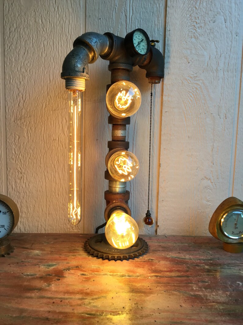 Industrial steampunk lamp,loft lighting,christmas gift,farmhouse decor,edison bulb lamp,pipe decor,machine age,metal assemblage art,unique.