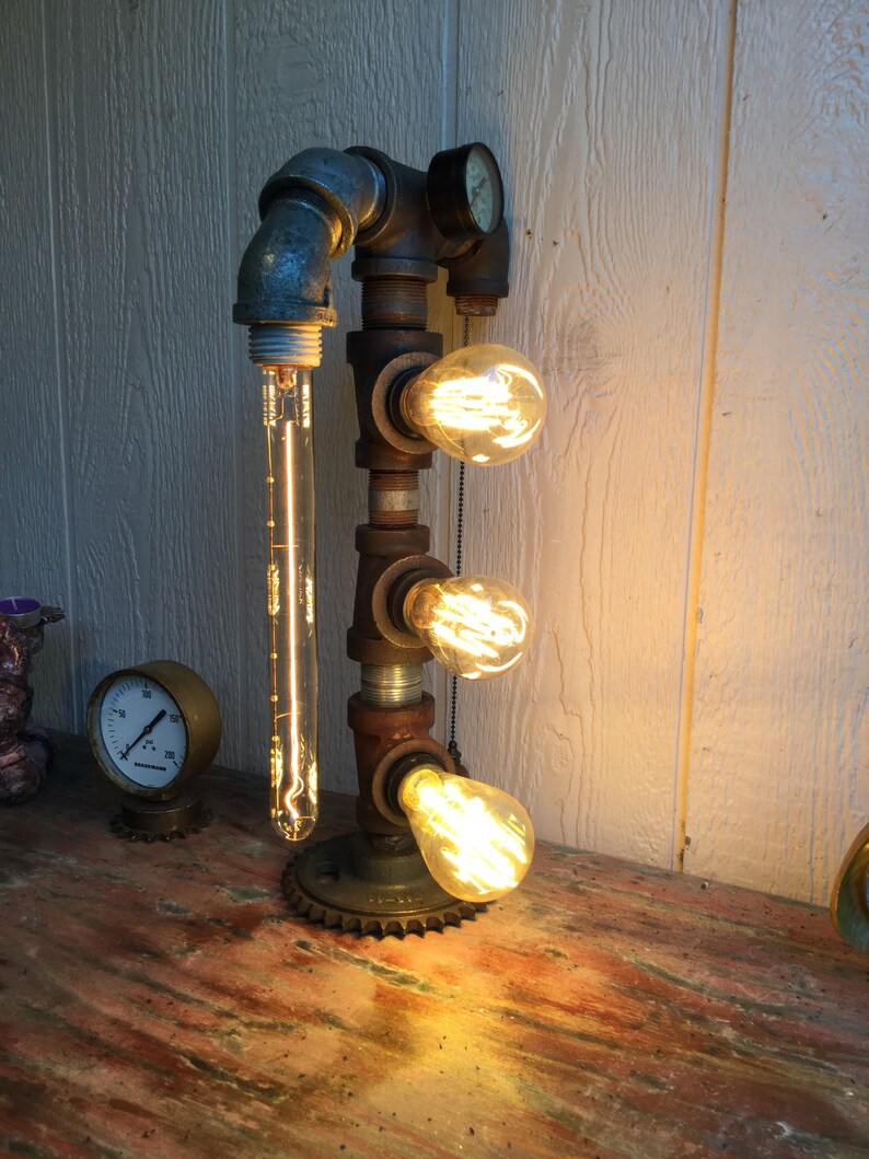 Industrial steampunk lamp,loft lighting,christmas gift,farmhouse decor,edison bulb lamp,pipe decor,machine age,metal assemblage art,unique.