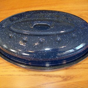 Vintage Roasting Pan Blue Speckled Enamel Granite Ware ROASTER PAN 14” 9" 3"