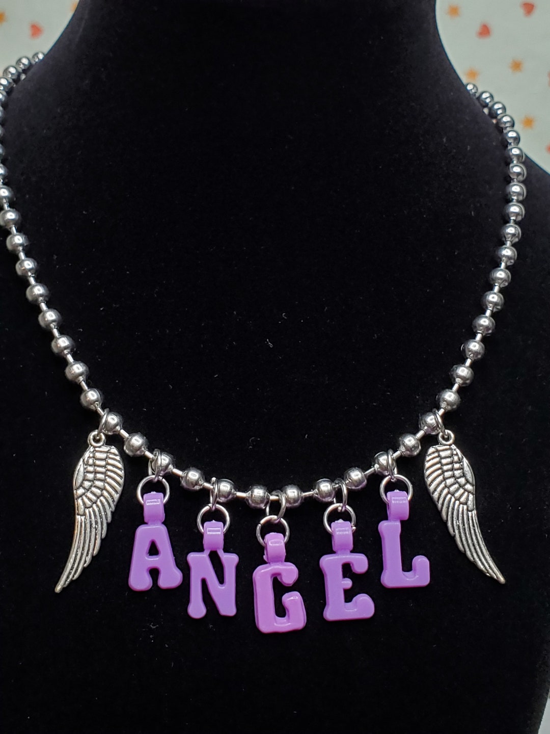 ANGEL Purple Ball Chain Silver Tone Wing Necklace Etsy