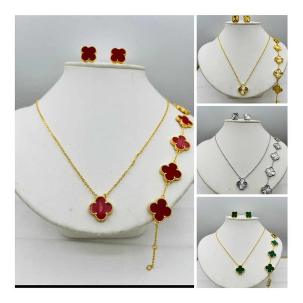 18k Gold Plated Clover Necklace Set. Four Leaf Clover Set. Perfect Gift