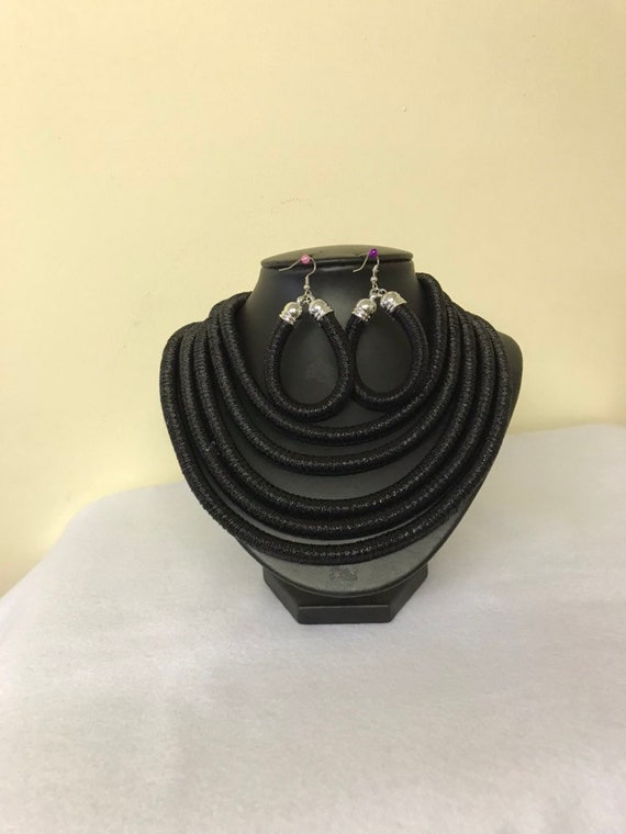Black necklace . Multilayered string wrap necklace set.black necklace for special occasion .