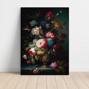 Dark Floral Art Canvas Print | Dark Floral Still Life Oil Painting | Moody Vintage Flower Print | Dark Botanical Art #2