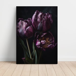 Purple Tulip Dark Floral Art Canvas Print | Dark Floral Still Life Oil Painting | Moody Vintage Flower Print | Dark Botanical Art #11