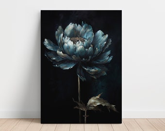 Blue Dark Floral Art Canvas Print | Dark Floral Still Life Oil Painting | Moody Vintage Flower Print | Dark Botanical Art #10