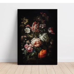 Dark Floral Art Canvas Print | Dark Floral Still Life Oil Painting | Moody Vintage Flower Print | Dark Botanical Art #3