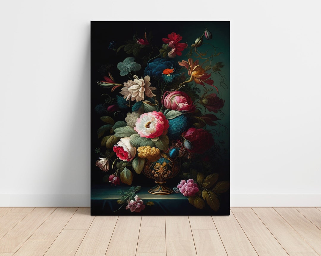 Dark Floral Art Canvas Print Dark Floral Still Life Oil Painting Moody