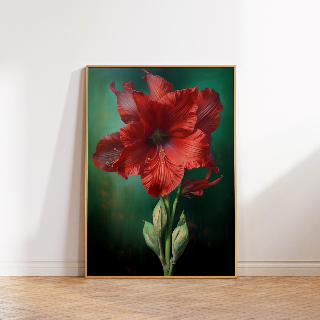 Amaryllis Dark Floral Poster Print | Christmas Floral Still Life Oil ...
