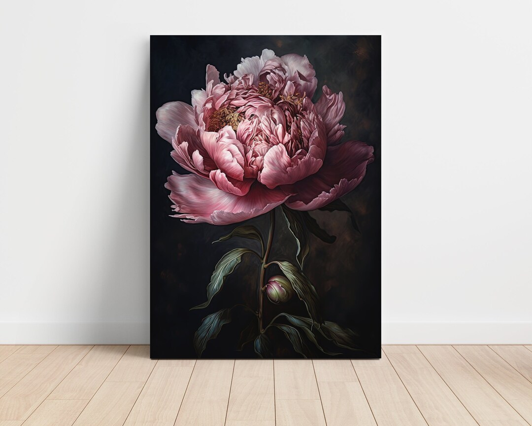 Pink Peony Dark Floral Art Canvas Print | Dark Floral Still Life Oil ...