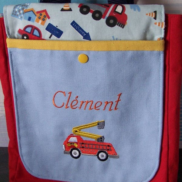 sac à dos pompier prénom, école maternelle, sac personnalisé brodé, cartable maternelle, sac d'école fait main, sac à broder enfant garçon,