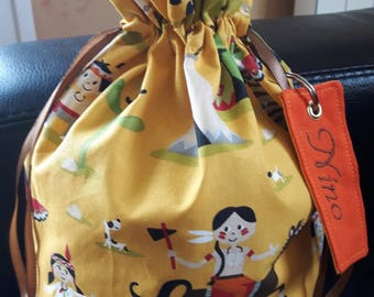 personalized children's pouch bag, embroidery bag for cuddly toy, slipper pouch, toy bag, back to school bag, Indian fabric