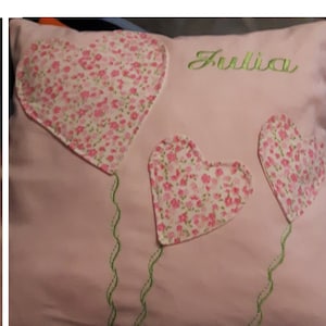 personalized embroidered child cushion, decorative girl cushion, heart cushion, pink liberty cushion, handmade gift idea, embroider pillow