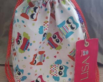 bolsa infantil personalizada con etiqueta de nombre, tela de búho búho, bolsa de guardería, bolsa de zapatillas, bolsa de peluche con nombre