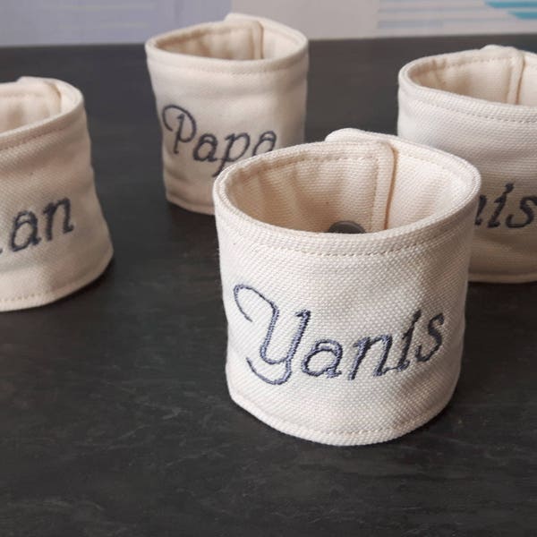 handmade towel round, custom embroidered fabric lined beige, first-name towel holder, round for wedding, baptism, reception