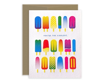 Letterpress Popsicles "You're the Coolest" Cards, Modern Everyday Greeting Cards, Birthday Card Set, Summer Boxed Cards