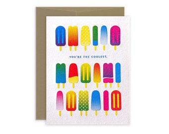 Letterpress Popsicles "You're the Coolest" Cards, Modern Everyday Greeting Cards, Birthday Card Set, Summer Boxed Cards