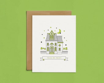 Letterpress Halloween Haunted Mansion, Spooky Halloween Card, Trick or Treat Greeting Card