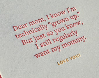 Letterpress Dear Mom Card, Funny Mother's Day, Modern Birthday