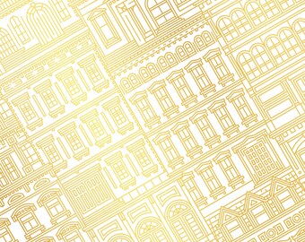 Downtown Houses Illustration Screenprint, 16x20, Geometric Minimalist Urban City Scene Poster Print, Gold Metallic on White or Navy