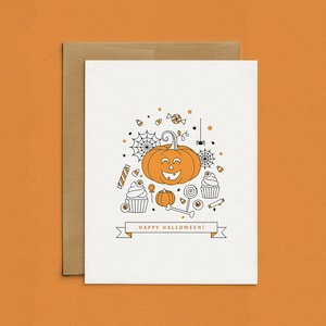 May include: A white card with a black and orange illustration of a jack-o'-lantern surrounded by Halloween themed items. The text "Happy Halloween!" is on a banner below the illustration.