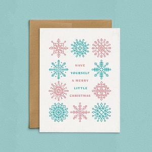 Letterpress Merry Little Christmas Snowflake Cards, Minimalist Happy Greeting Cards, Modern Holiday Card Set, Seasonal Boxed Cards
