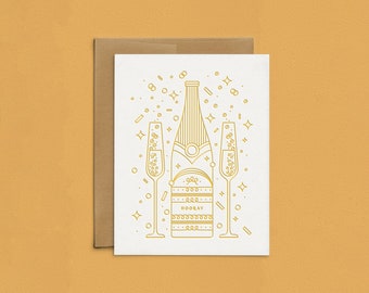 Letterpress Champagne "Hooray" Party Cards, Congratulations Card, Engagement Card, New Years Card Set, Graduation Card Boxed Set