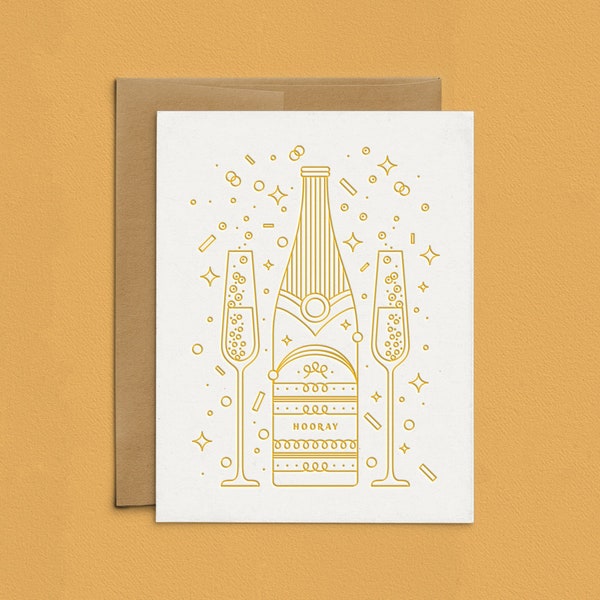 Letterpress Champagne "Hooray" Party Cards, Congratulations Card, Engagement Card, New Years Card Set, Graduation Card Boxed Set