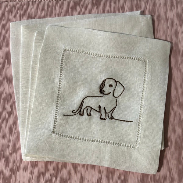 Dog Breed Line Art Drawing Linen Embroidered Cocktail Napkin | Set of 4 or 6 | Hostess Gift | Coaster | Wedding Gift |  Personalized