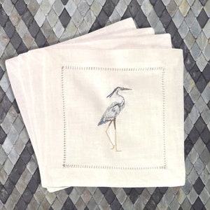 Heron Egret Linen Embroidered Cocktail Napkin | Set of 4 or 6 | Hostess Gift | Cloth Coaster | Elegant Home Décor | Bar Cart | Table Setting