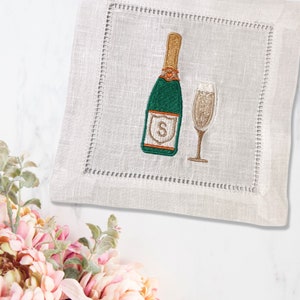 Personalized On Champagne Bottle Label Linen Cocktail Napkin | Set of 4 or 6 | Hostess Gift | Elegant Home Décor | Bar Cart | Table Setting