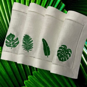 Linen Embroidered Tropical Cocktail Napkin | Set of 4 or 6 | Hostess Gift | Coaster | Elegant Home Décor | Bar Cart | Monstera Palm Leaf