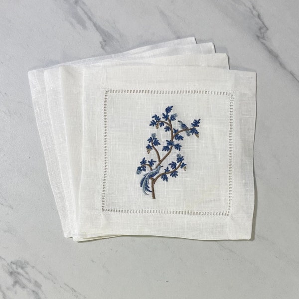 Linen Embroidered Cocktail Napkin | Set of 4 or 6  | Hostess Gift | Birds In Branch | Elegant Home Décor | Bar Cart | Table Setting