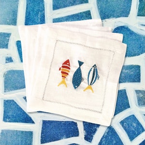 Fish Beach House Linen Embroidered Cocktail Napkin | Set of 4 or 6 | Hostess Gift | Coaster | Elegant Home Décor | Bar Cart | Table Setting