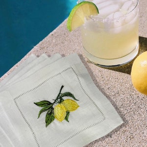 Lemons Linen Embroidered Cocktail Napkin | Set of 4 or 6 | Hostess Gift | Cloth Coaster | Elegant Home Décor | Bar Cart | Table Setting