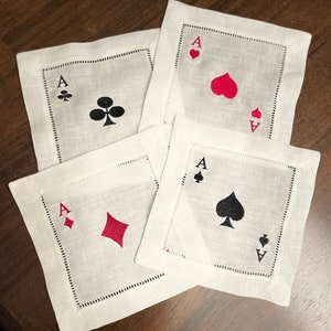 Linen Deck Of Cards Embroidered Cocktail Napkin | Set of 4 | Hostess Gift |Poker Coaster | Elegant Home Décor | Bar Cart | Table Setting