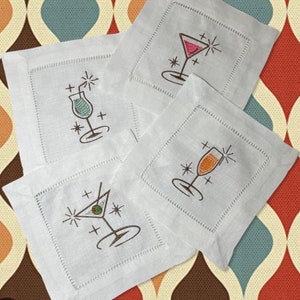 Linen Retro Party Set Embroidered Cocktail Napkin | Set of 4  | Hostess Gift | Home Décor | Bar Cart | Martini, Mimosa, Daiquiri, Cosmo